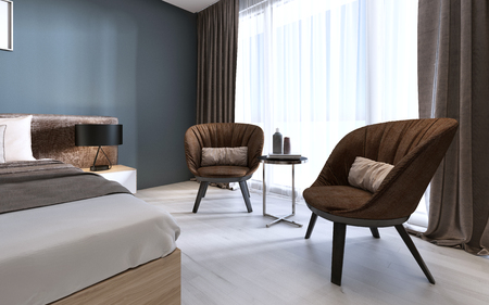 Brown modern comfortable armchairs in the bedroom. 3D renderingの写真素材