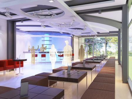 Luxurious interior of the restaurant in modern contemporary style with a bar counter in red and purple tones. 3D renderingの写真素材