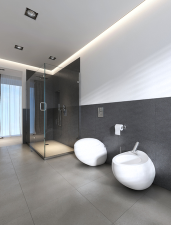 Contemporary bathroom with shower and bath in white and gray colors. 3D renderingの写真素材