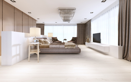 Luxurious modern master bedroom in light colors in pastel colors. 3D renderingの写真素材