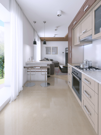 Modern light kitchen in Scandinavian style. 3D renderingの写真素材