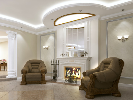 Two brown leather armchairs in classic style near the fireplace with fire. 3D renderingの写真素材