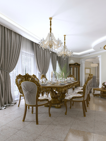 Modern classic dining table in a luxurious baroque living room with serving. 3D rendering.の写真素材
