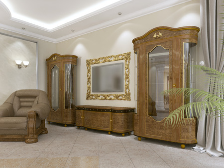 A set of furniture in a classic style in a modern living room. Sideboard with media storage and TV. 3D rendering.の写真素材