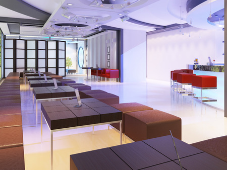 Luxurious interior of the restaurant in modern contemporary style with a bar counter in red and purple tones. 3D renderingの写真素材