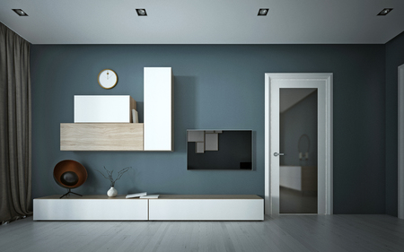 Media storage and TV unit in a modern style room, on a dark wall.の写真素材