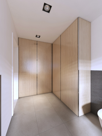 Large closet in the bathroom with wooden doors to the ceiling. 3D renderingの写真素材