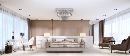 Luxurious modern master bedroom in light colors in pastel colors. 3D rendering