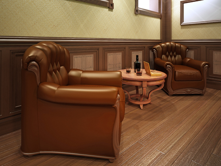 Leather armchairs in a billiard room with a table. 3D rendering.の写真素材