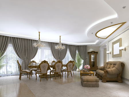 A modern classic living room in an art deco style with a dining table and views of the kitchen and the foyer. 3D rendering.の写真素材