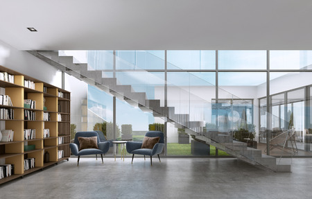 Library shelves with books in the contemporary room and large windows, under the stairs. 3D rendering.の写真素材