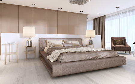 Large bed in modern style with bedside tables and lamps. 3D renderingの写真素材