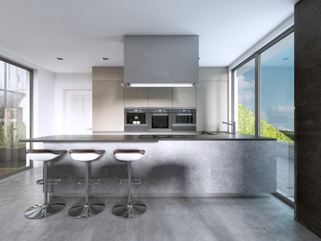 Contemporary kitchen with large windows and island with bar stools. 3D rendering.の写真素材
