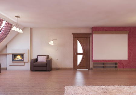 Home cinema in the attic in a modern style in burgundy and white colors. 3D renderingの写真素材