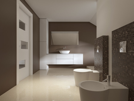 Bathroom in Contemporary style in brown and white colors. 3d rendering.の写真素材