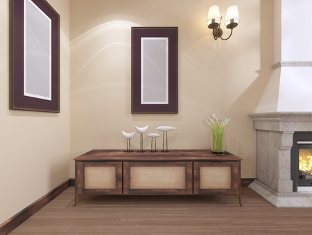 Chest of drawers rattan with a picture on the wall. 3d rendering.の写真素材