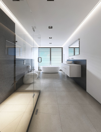 Contemporary bathroom with shower and bath in white and gray colors. 3D renderingの写真素材