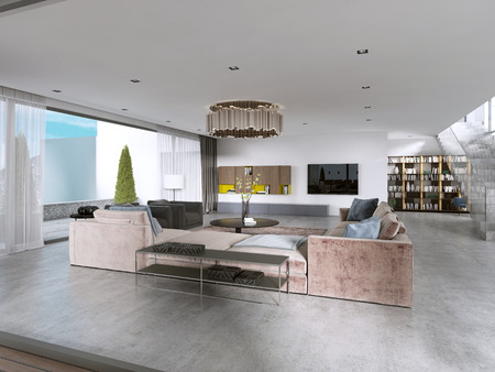 Large modern living room open space in a modern style. 3D renderingの写真素材