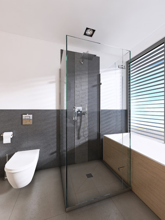 modern bathroom in Scandinavian style with wooden furniture. 3D renderingの写真素材