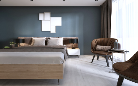Modern bedroom in dark colors. 3D renderingの写真素材