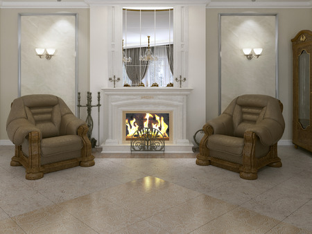 Two brown leather armchairs in classic style near the fireplace with fire. 3D renderingの写真素材