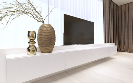 White TV unit with pull-out TV. 3D renderingの写真素材