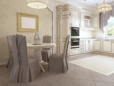 Luxurious modern kitchen in classic style in white colors with a dining table for four people. 3D rendering.の写真素材