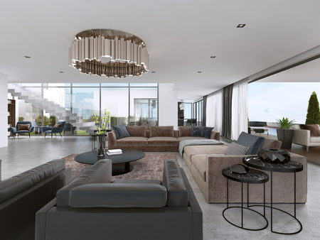 Large modern living room open space in a modern style. 3D renderingの写真素材