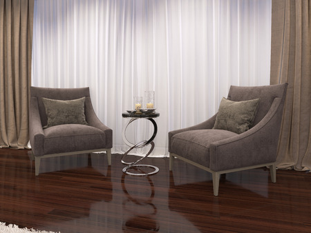 Two luxurious soft armchairs in the evening bedroom, art deco style. 3D renderingの写真素材