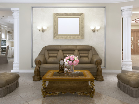Sofa and two armchairs with a coffee table in a classic style near the wall with a picture. 3D renderingの写真素材