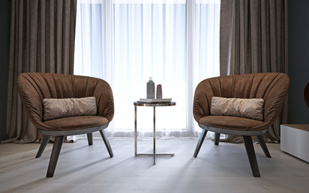 Brown modern comfortable armchairs in the bedroom. 3D renderingの写真素材