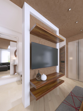 Designer TV unit in the modern living room. 3D renderingの写真素材