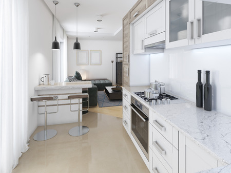 Designer kitchen in contemporary style in pastel colors. 3D renderingの写真素材