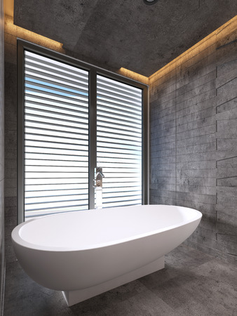 A modern white bath by the large window. 3D renderingの写真素材