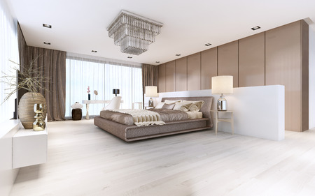Luxurious modern master bedroom in light colors in pastel colors. 3D renderingの写真素材