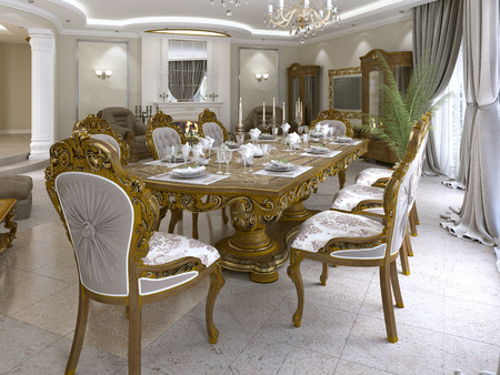 Modern classic dining table in a luxurious baroque living room with serving. 3D rendering.の写真素材