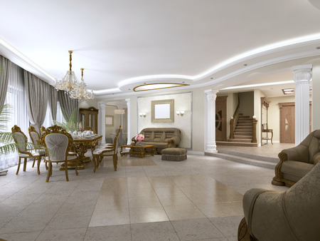 A modern classic living room in an art deco style with a dining table and views of the kitchen and the foyer. 3D rendering.の写真素材