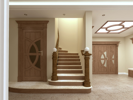 A corridor with doors and stairs in a luxurious interior. 3D renderingの写真素材