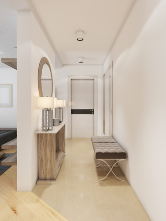 Luxurious entrance hall in a modern style with a table for keys and a mirror. 3D renderingの写真素材