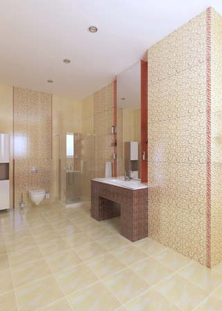 Modern bathroom in yellow and burgundy color with window. 3D renderingの写真素材