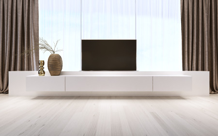 White TV unit with pull-out TV. 3D renderingの写真素材