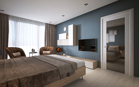 Modern bedroom in dark colors. 3D renderingの写真素材