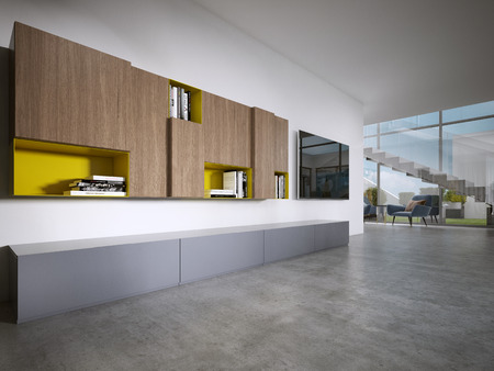 TV unit in a modern style in brown and yellow colors. 3D renderingの写真素材