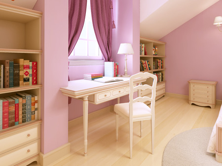 Children's table in the children's room for a girl. 3D rendering.の写真素材