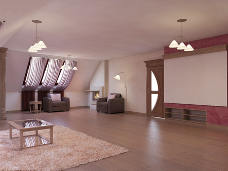 Home cinema in the attic in a modern style in burgundy and white colors. 3D renderingの写真素材