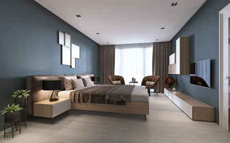 Contemporary bedroom with dark blue walls and light furniture and two brown chairs. 3D renderingの写真素材