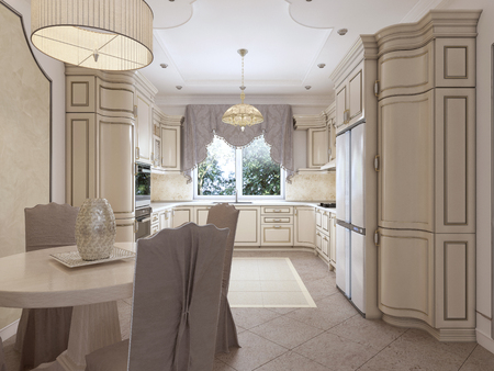 Luxurious modern kitchen in classic style in white colors with a dining table for four people. 3D rendering.の写真素材