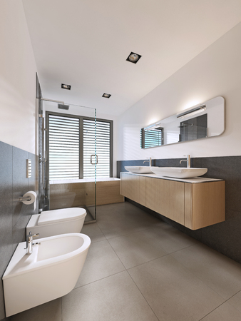 modern bathroom in Scandinavian style with wooden furniture. 3D renderingの写真素材