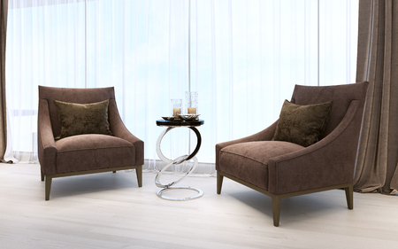 Relax zone with two armchairs in a luxurious bedroom. 3D renderingの写真素材