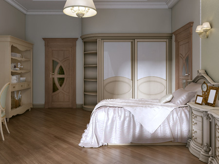 Luxurious bedroom with two single beds in a classic style. With a bookcase, TV and dressing table. 3D rendering.の写真素材